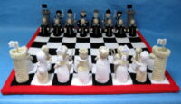 Knitted toys of chess pieces and a chess board