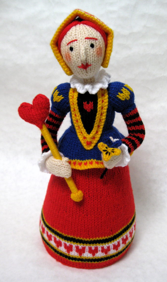 knitted toy of the Queen of Hearts from Alice's Adventures in Wonderland