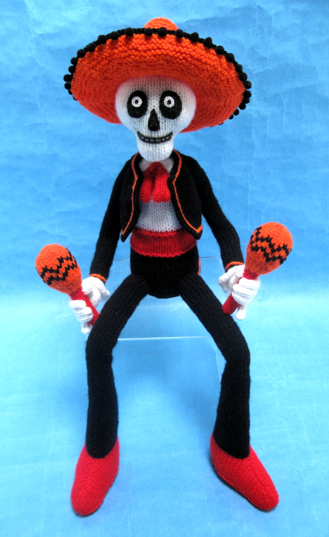 knitted toy of skeleton in Mexican outfit