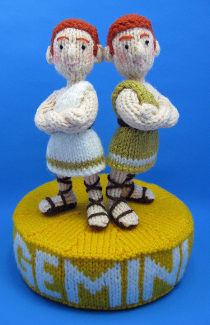 knitted toy showing twin boys as the zodiac sign Gemini