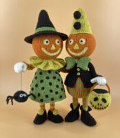 knitted toys of Halloween characters with pumpkin heads